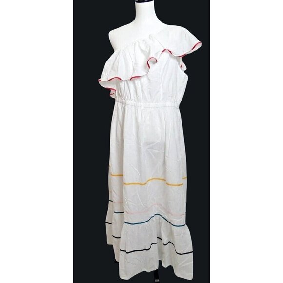 Lane Bryant Maxi Dress One Shoulder Ruffle White Rainbow Trim Lined Sz 20 P NEW - Picture 2 of 6